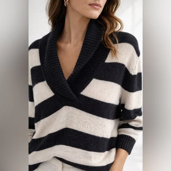 Y2K American Eagle Striped Shawl Collar Sweater in Charcoal Grey and Ivory - Picture 2 of 12